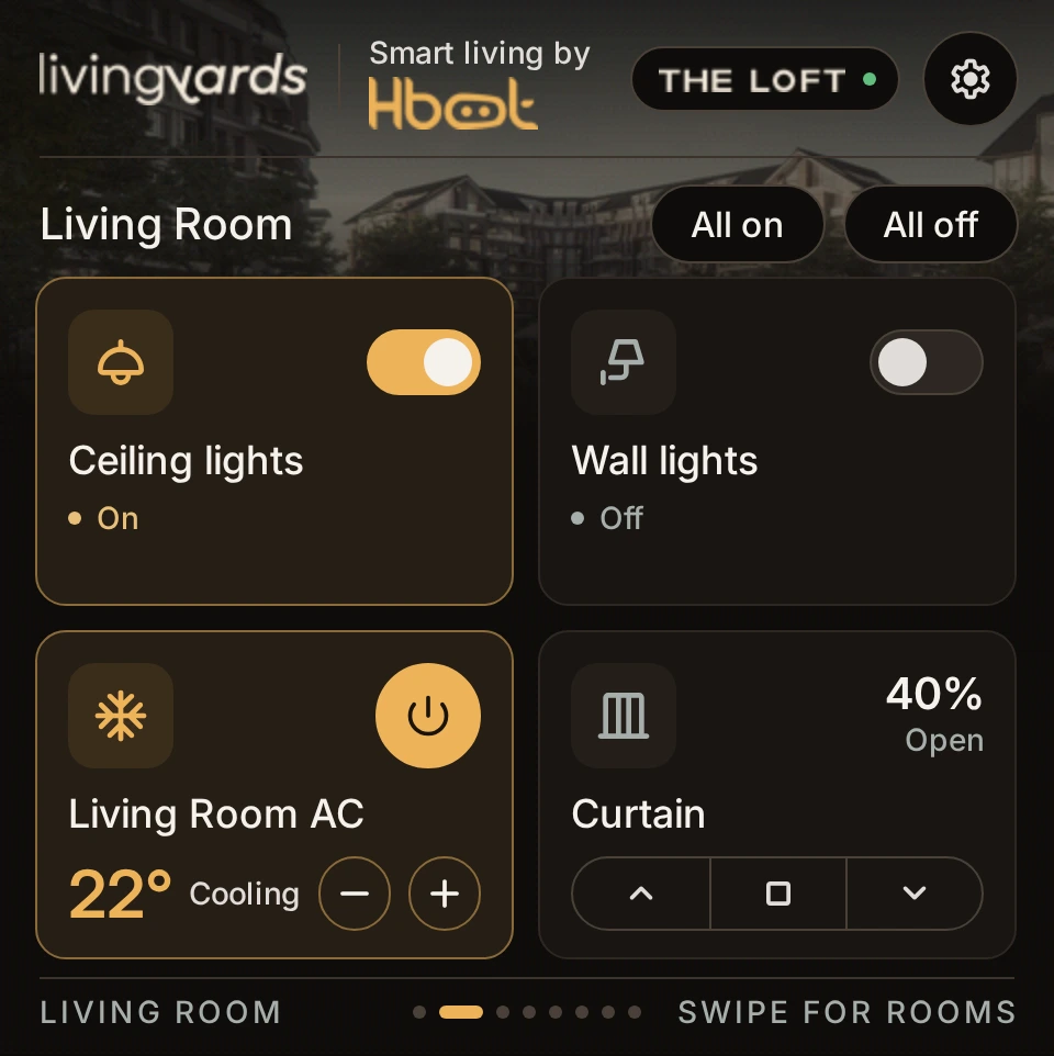 Wall panel Living Room: ceiling and wall lights, AC at 22 degrees cooling, curtain 40% open